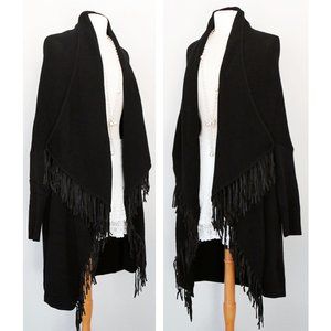 Faux Suede Fringed Waterfall Open Long Cardigan